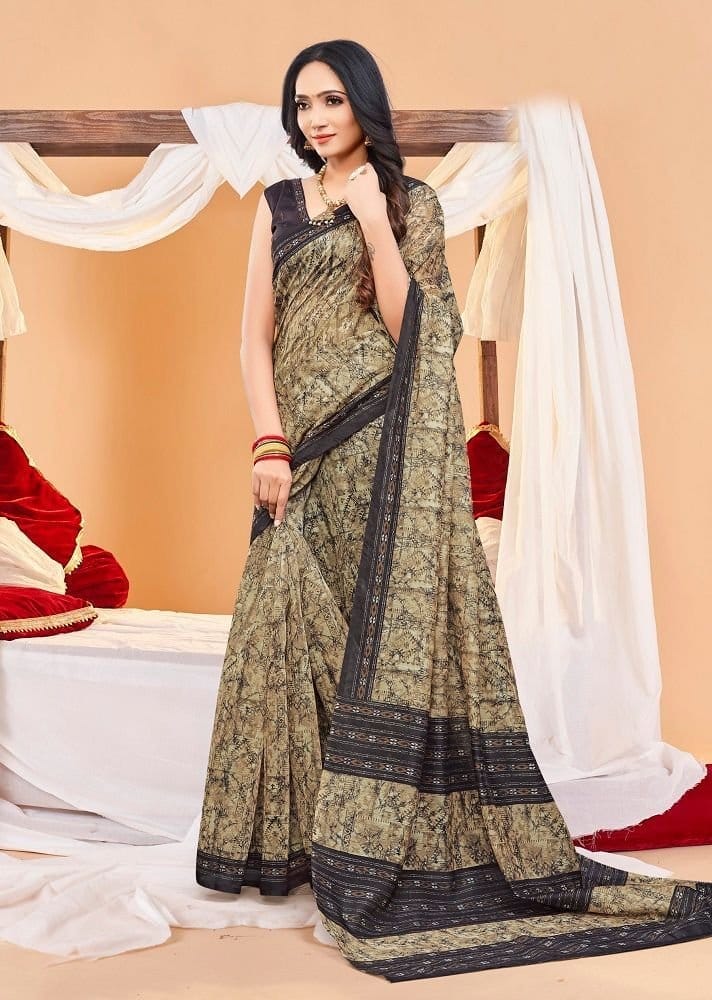 Digital Printed Chanderi Cotton Saree in Dark Beige