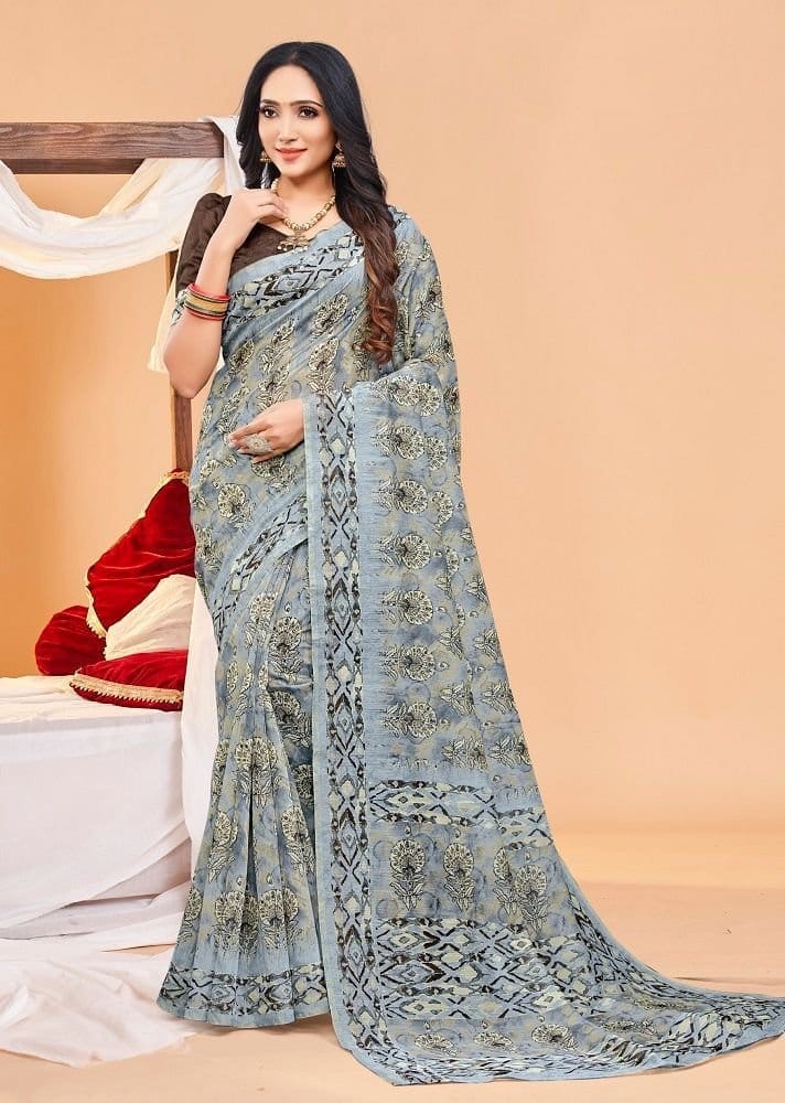 Digital Printed Chanderi Cotton Saree in Grey