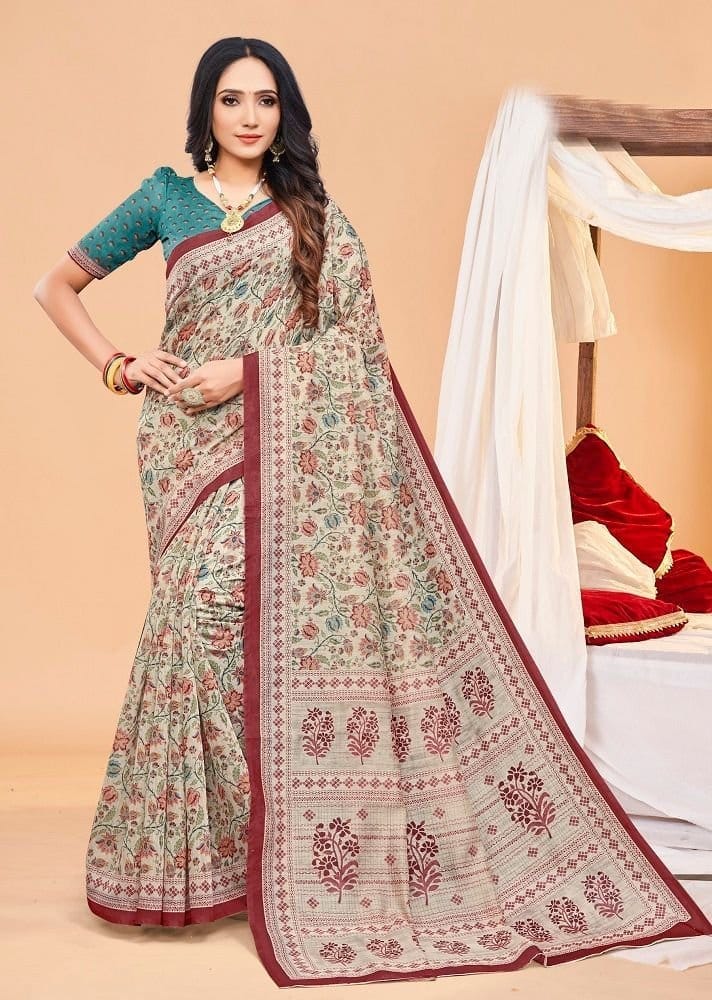 Digital Printed Chanderi Cotton Saree in Beige and Multicolor