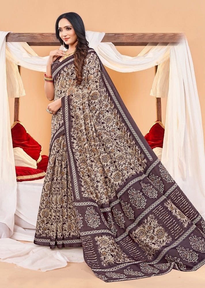 Digital Printed Chanderi Cotton Saree in Beige and Multicolor