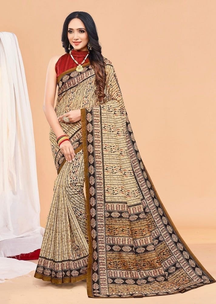 Batik Printed Chanderi Cotton Saree in Beige
