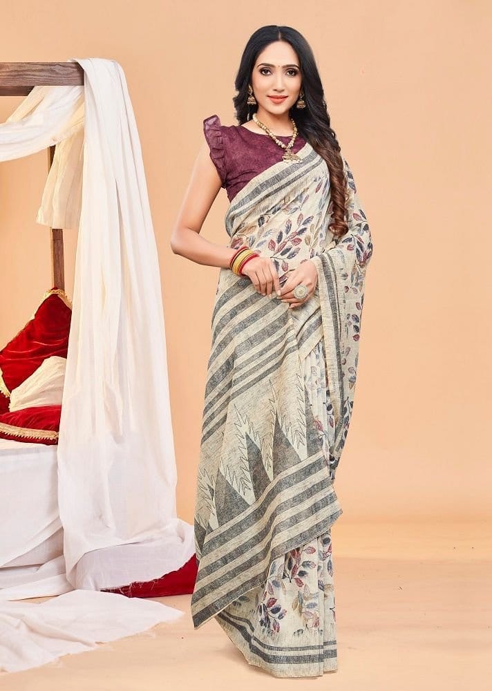 Digital Printed Chanderi Cotton Saree in Off White
