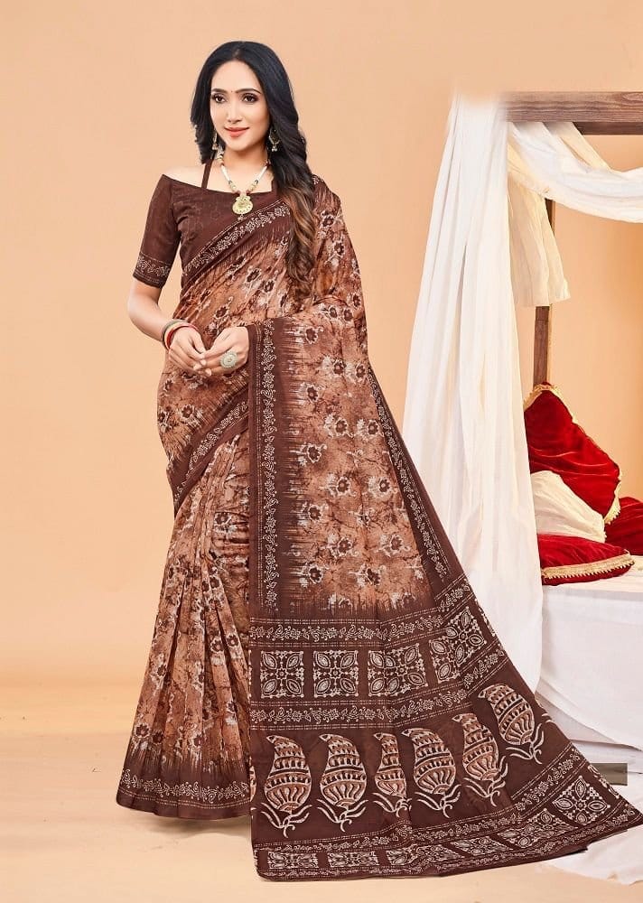 Digital Printed Chanderi Cotton Saree in Brown and Peach