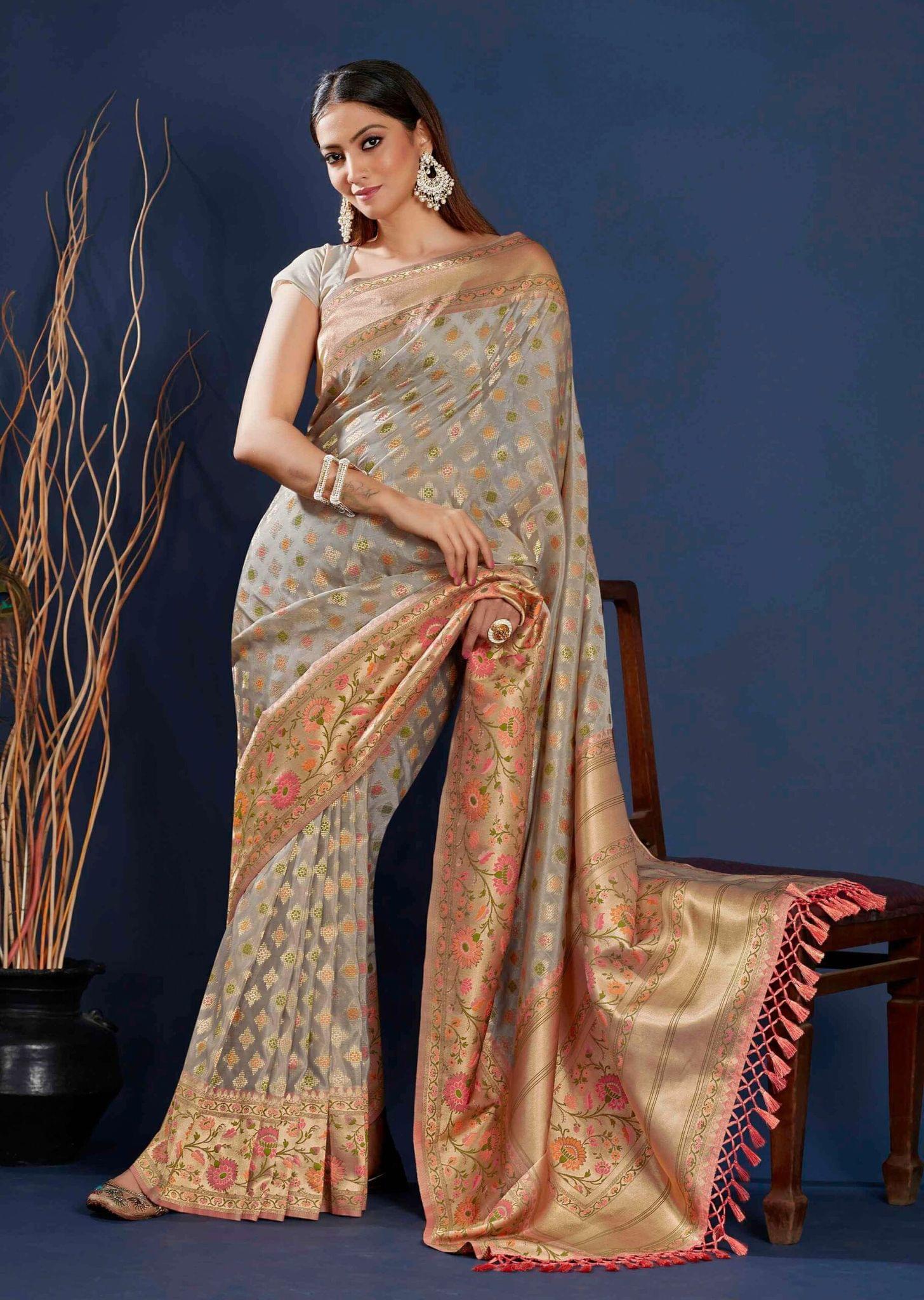 Grey Color Organza Heavy Weaving Saree With Weaving, Zari Work Border Tassal Pallu And Weaving Art Silk Blouse