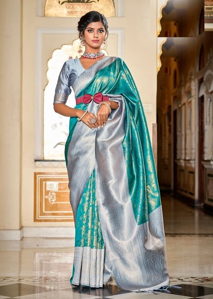 Woven Art Silk Saree in Teal Blue