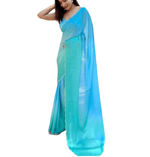 Satin Sky Blue Colour Georgette Saree With Ombre Print And Stone Work Border