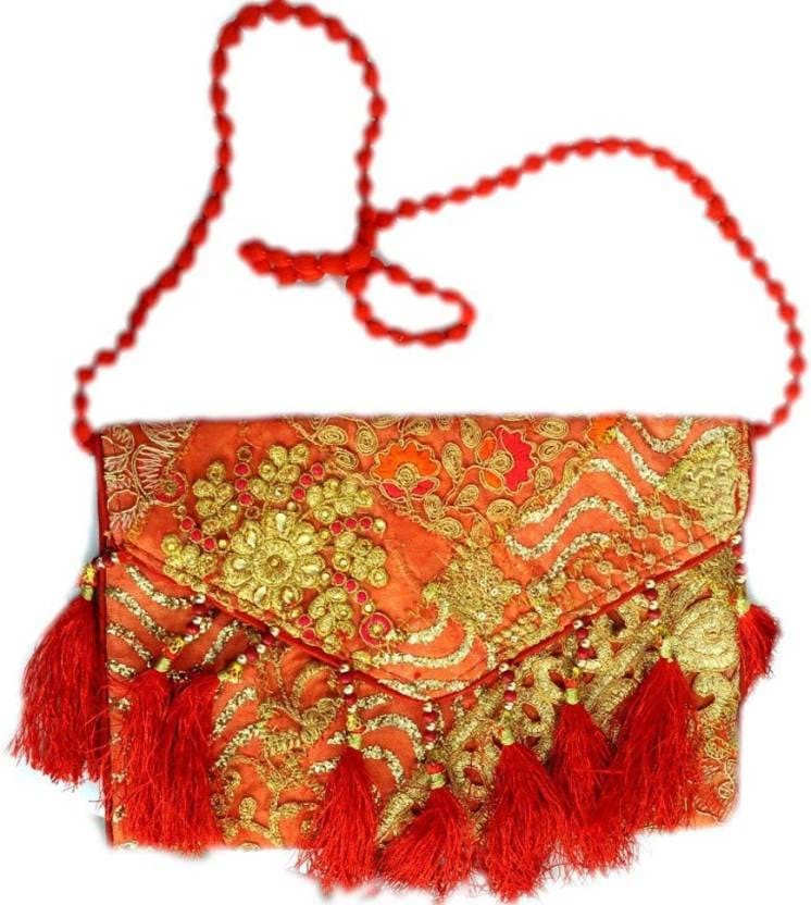 Red Embroidered Sling Bag with Tassels