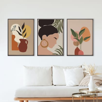Rustic Charm Set of 3 Minimal BohoFloral Pot Wall Painting for Home Decor   | Woman Floral|9 x 13 inches (A4)|Beige