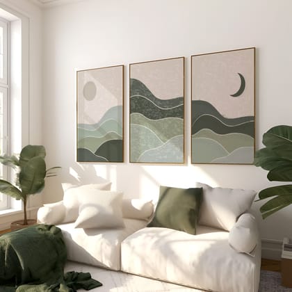 Rustic Charm Set of 3 Abstract Landscape Wall Art for Living room, Office and Hotel | Sun Moon|9 x 13 inches (A4)|Beige