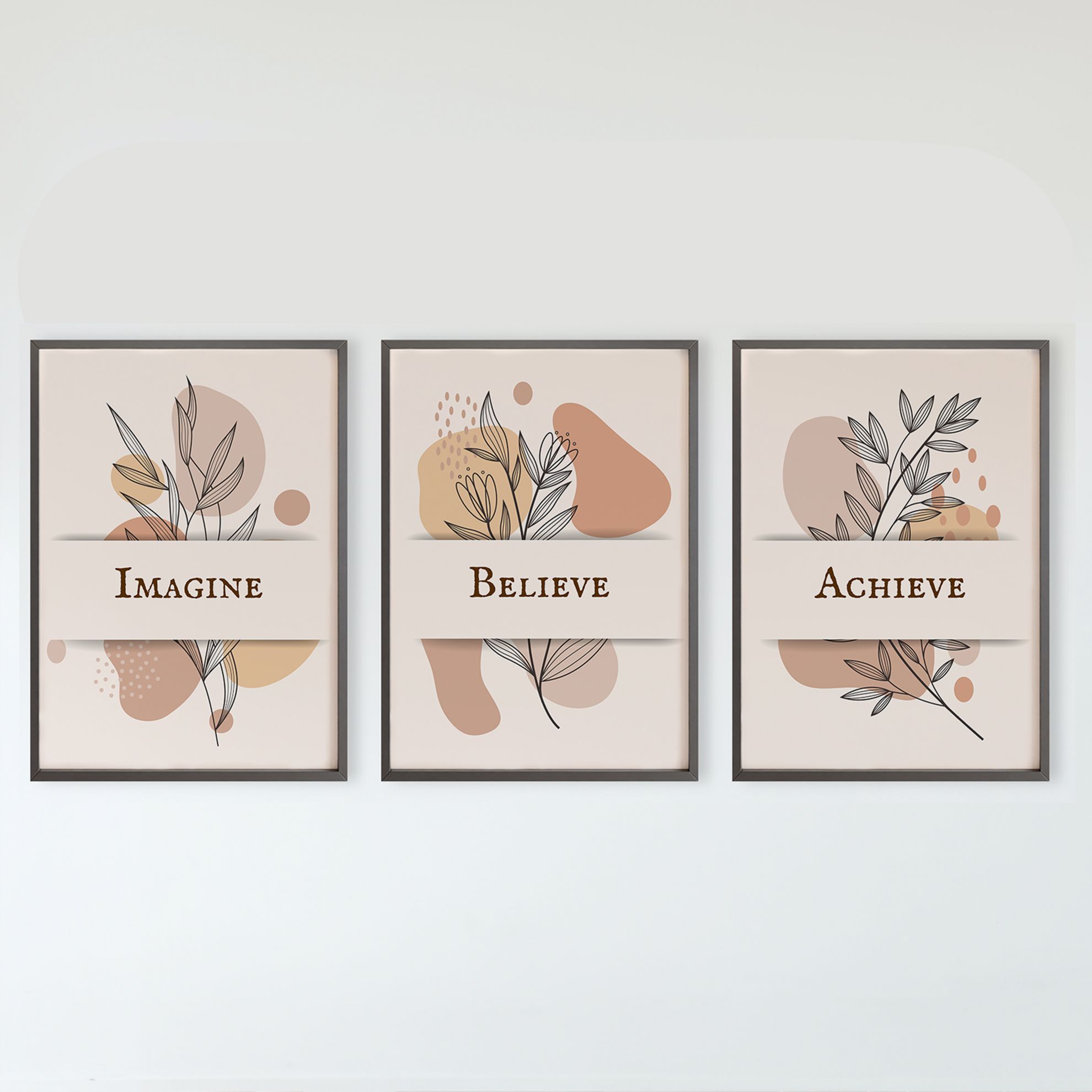 Rustic Charm Set of 3 Motivational Quotes Wall Art for Living room, Office & Gym | Believe|13 x 18 inches (A3)|Wenge