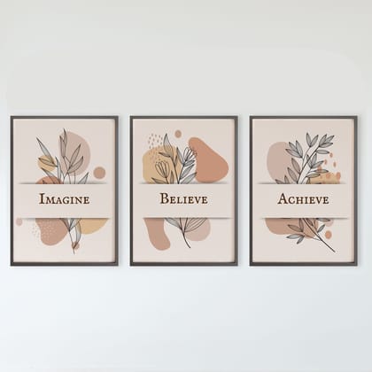 Rustic Charm Set of 3 Motivational Quotes Wall Art for Living room, Office & Gym   | Believe|9 x 13 inches (A4)|Beige