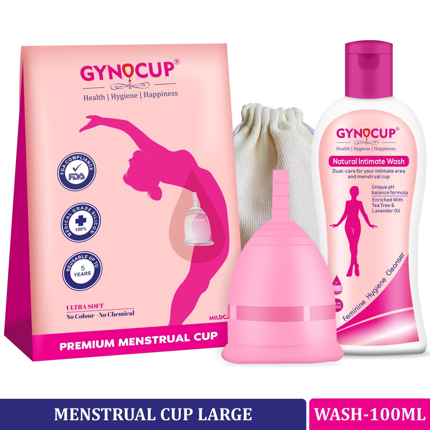 GynoCup Reusable Menstrual Cup for Women - Ultra Soft, Odour and Rash Free, No Leakage, Protection for Up to 10-12 Hours, FDA Approved (Large)