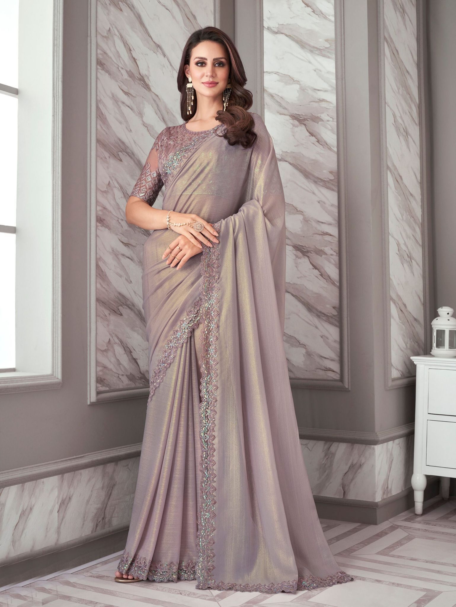 Embroidered Border Chiffon Shimmer Saree in Fawn