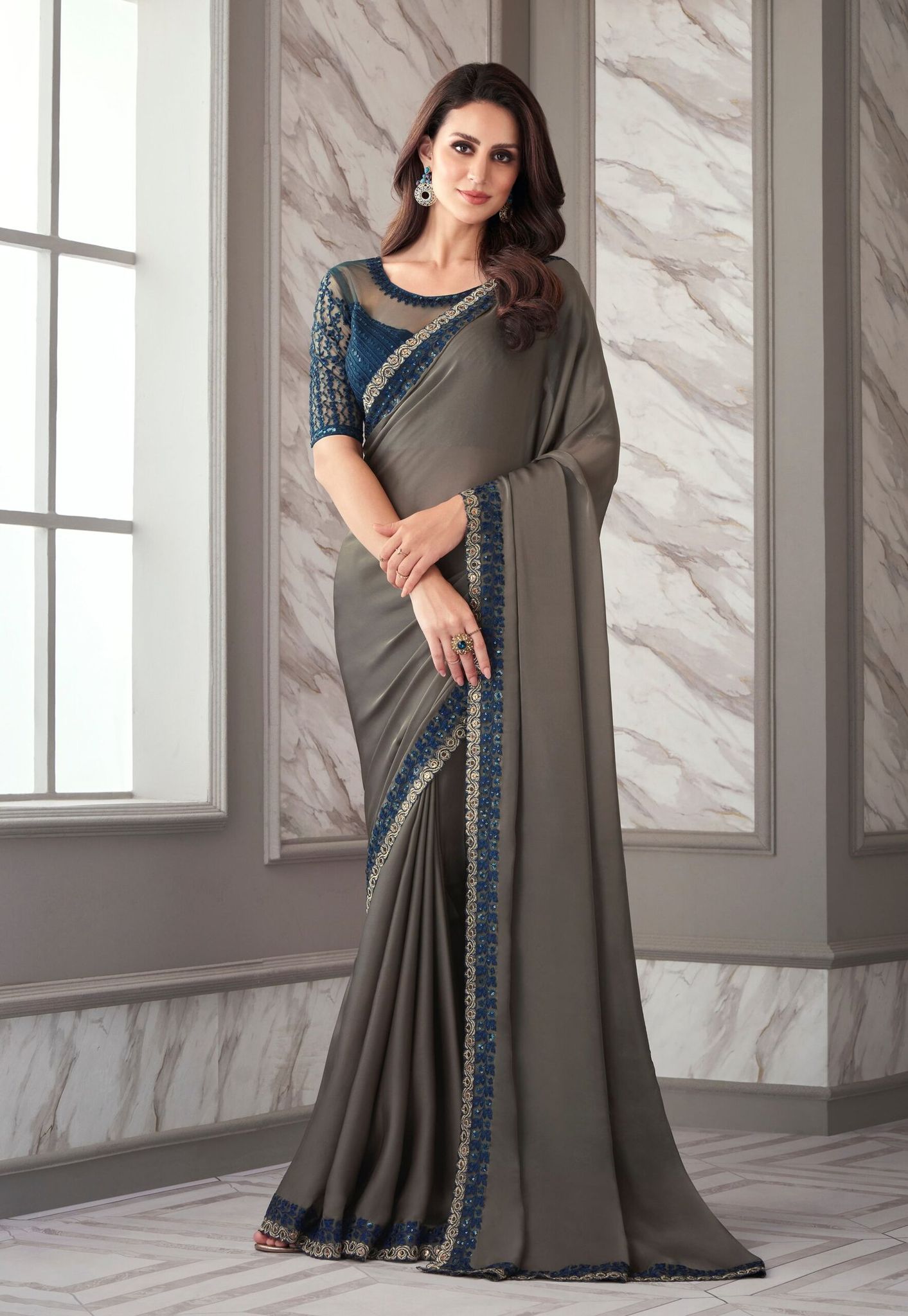 Embroidered Border Georgette Saree in Grey