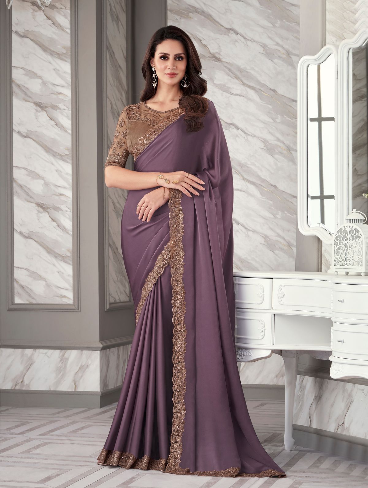 Embroidered Border Satin Georgette Scalloped Saree in Purple