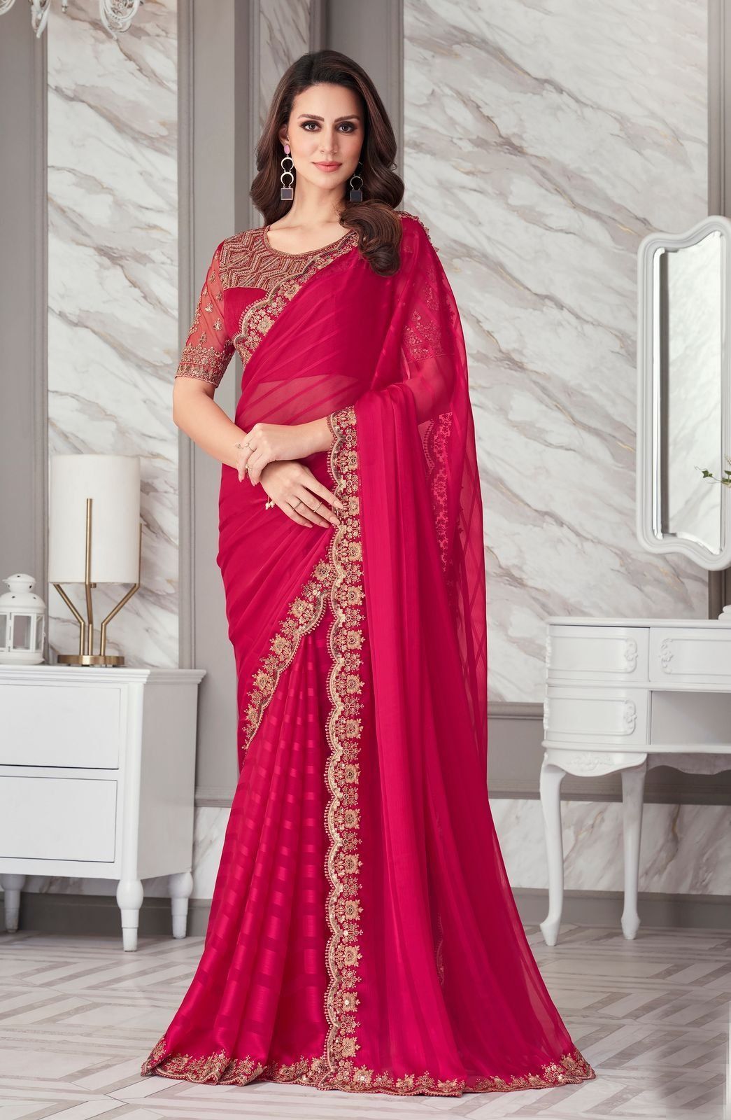 Embroidered Border Chiffon Scalloped Saree in Fuchsia
