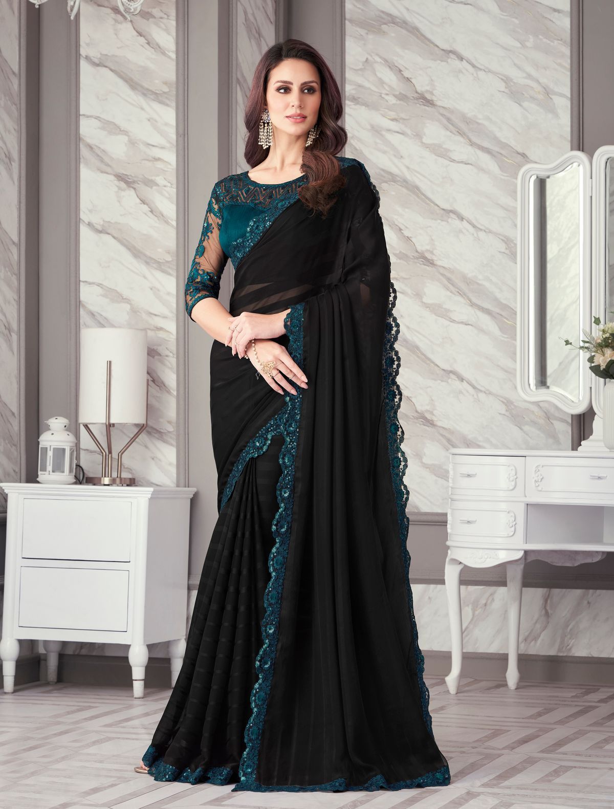 Embroidered Border Chiffon Brasso Scalloped Saree in Black