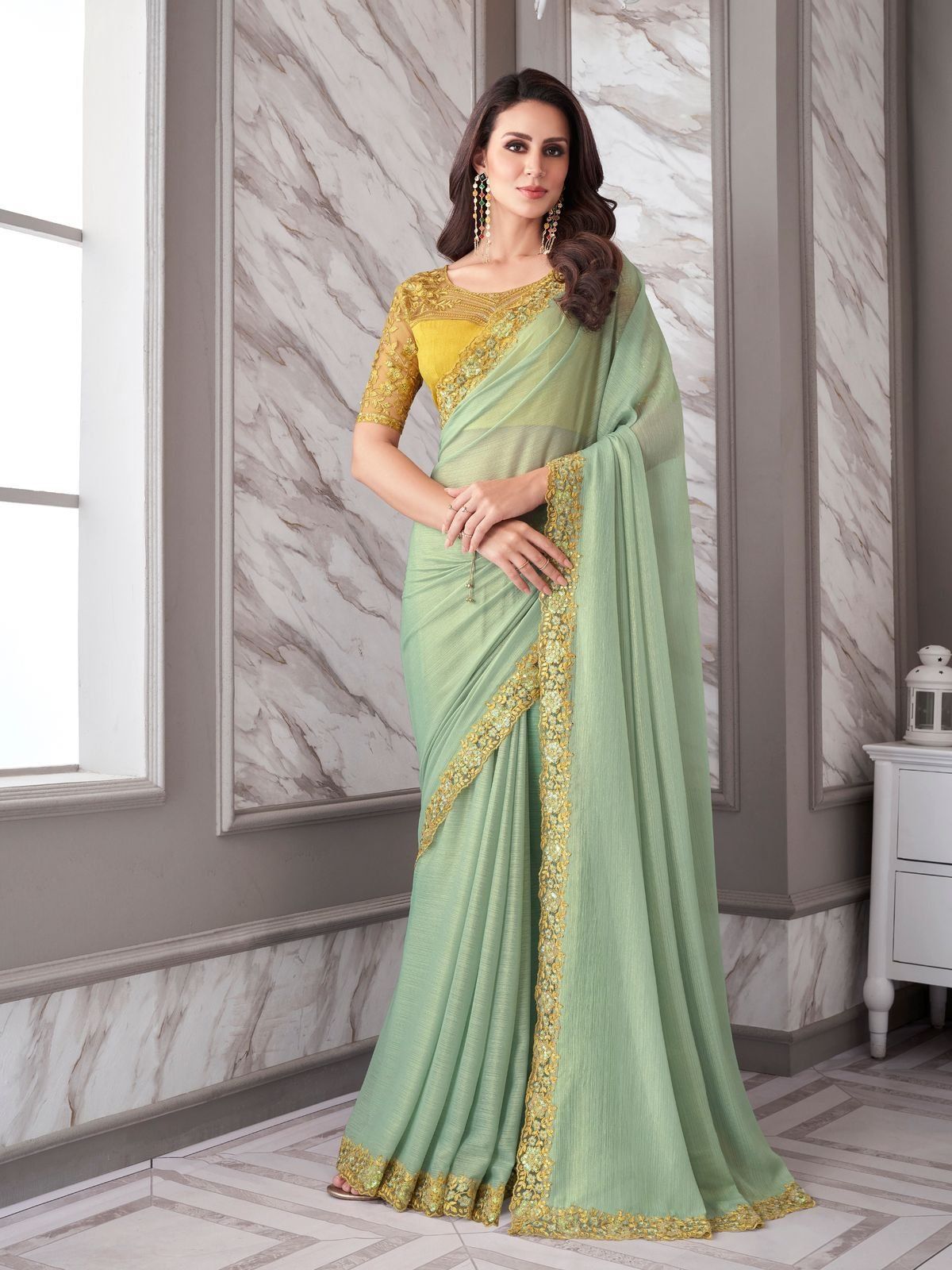 Embroidered Border Chiffon Shimmer Saree in Sea Green