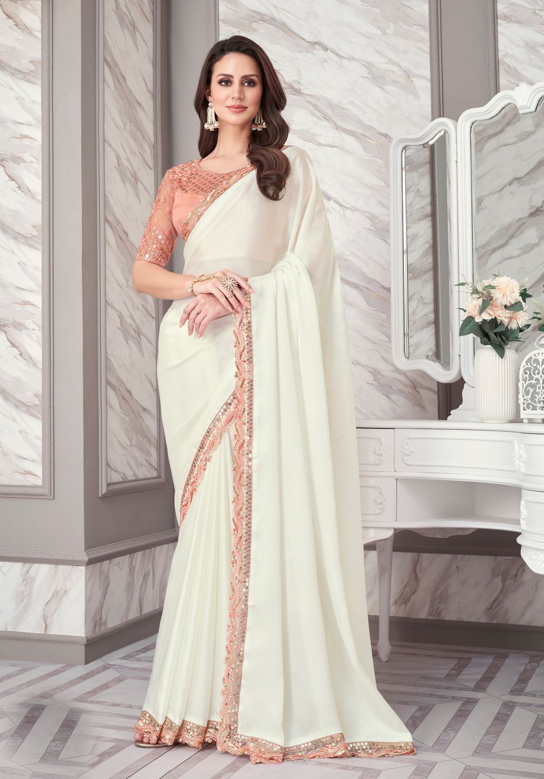 Embroidered Border Satin Georgette Saree in Off White