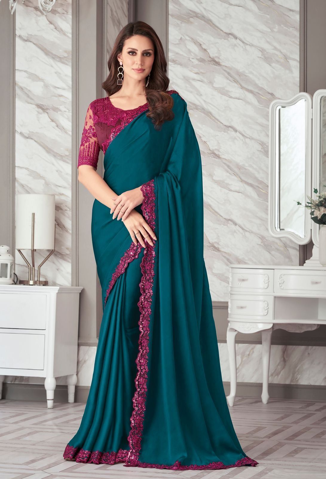 Embroidered Border Satin Georgette Saree in Teal Blue