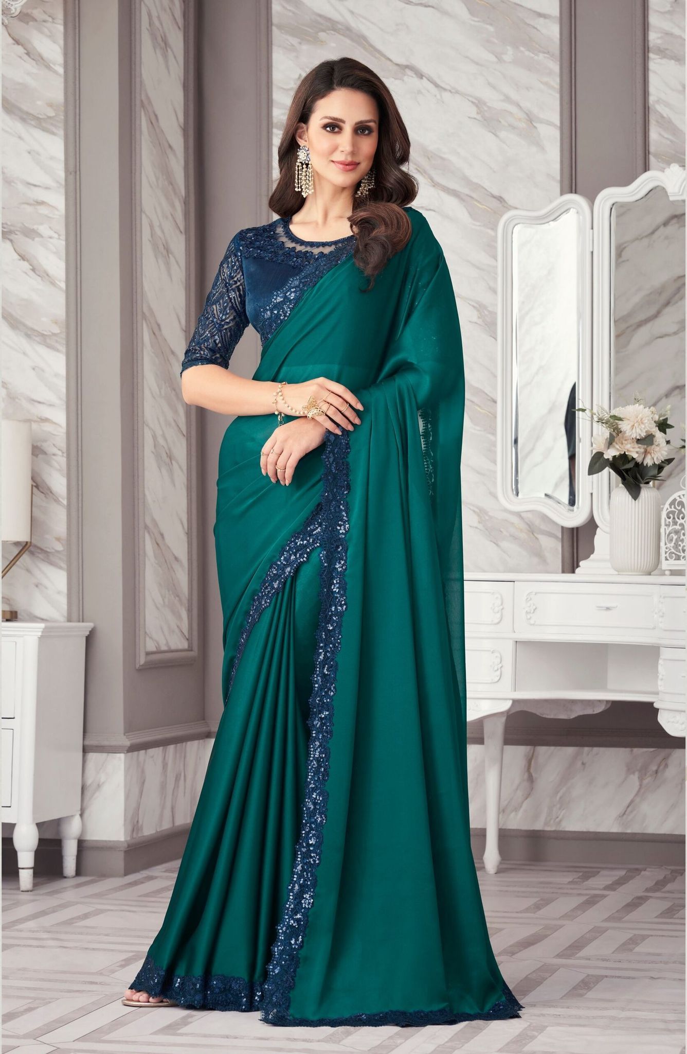 Embroidered Border Satin Georgette Saree in Teal Green