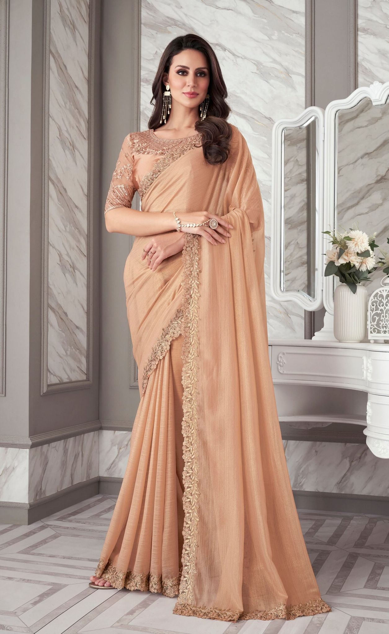 Embroidered Border Chiffon Shimmer Saree in Peach