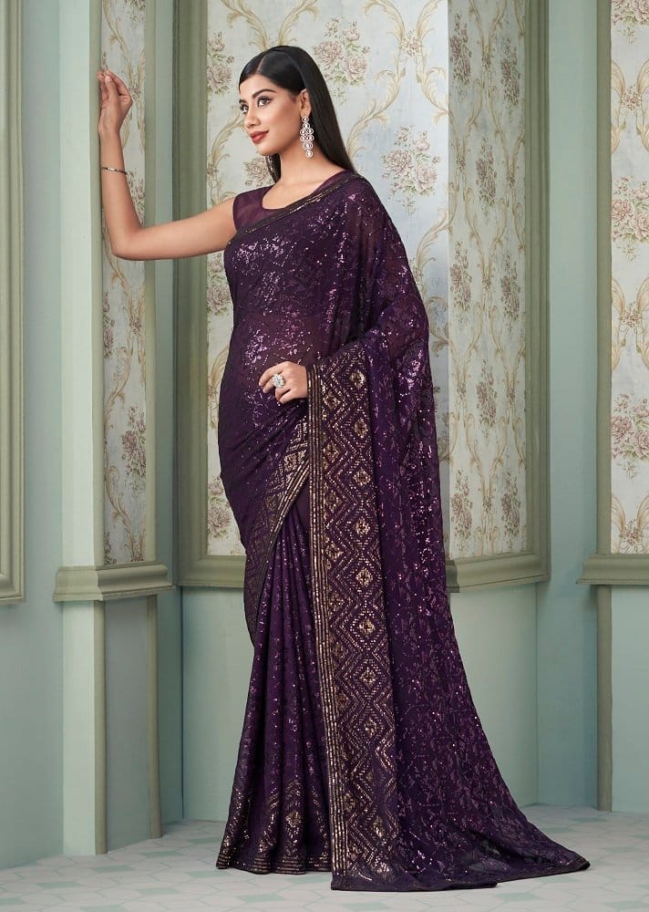 Embroidered Georgette Saree in Purple