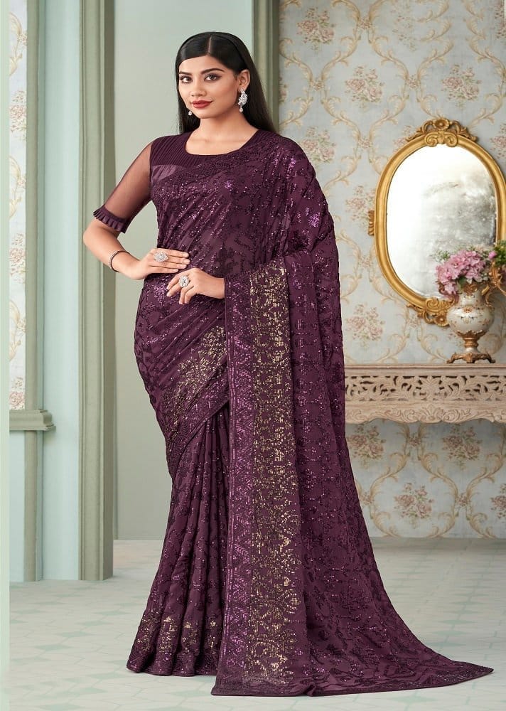 Embroidered Georgette Saree in Purple