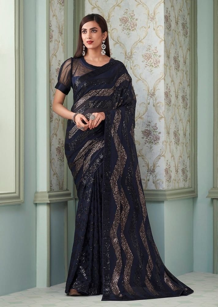 Embroidered Georgette Saree in Navy Blue