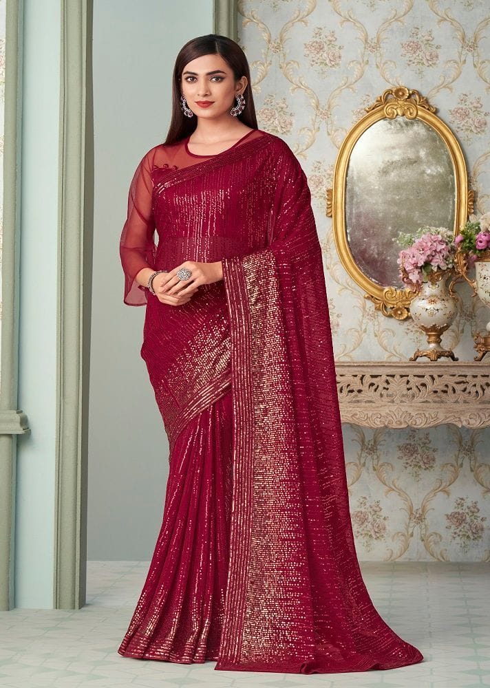 Embroidered Georgette Saree in Red