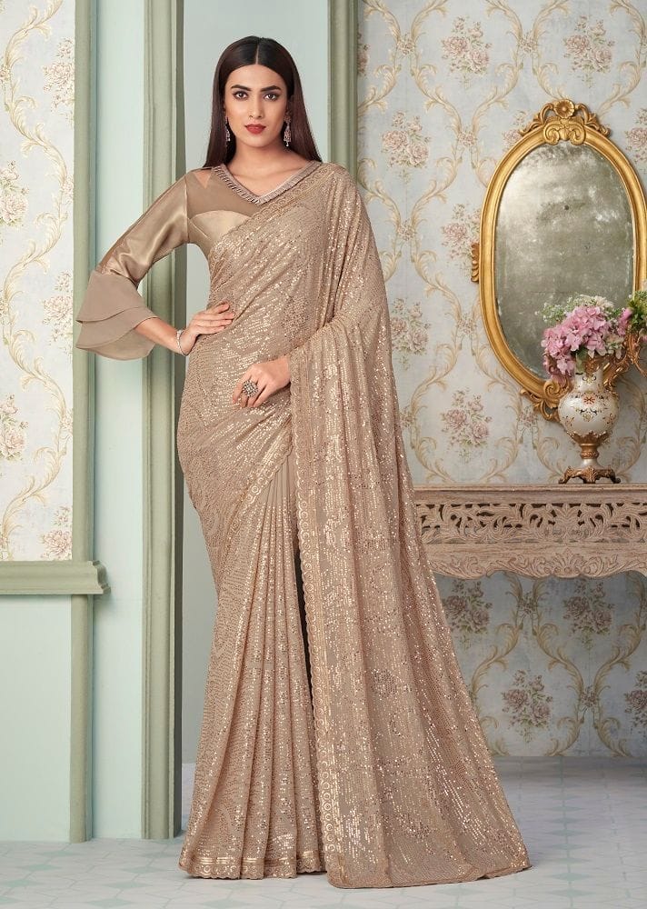 Embroidered Georgette Saree in Beige