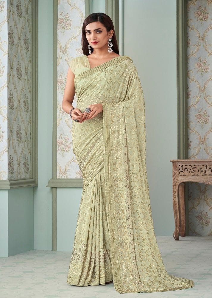 Embroidered Georgette Saree in Light Green