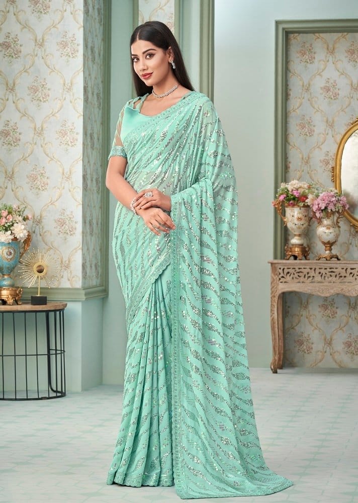 Embroidered Georgette Saree in Sea Green