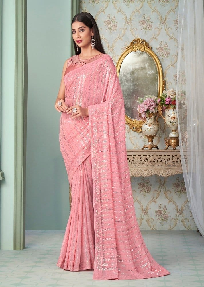 Embroidered Georgette Saree in Pink