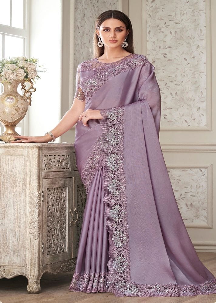 Embroidered Satin Georgette Saree in Light Purple
