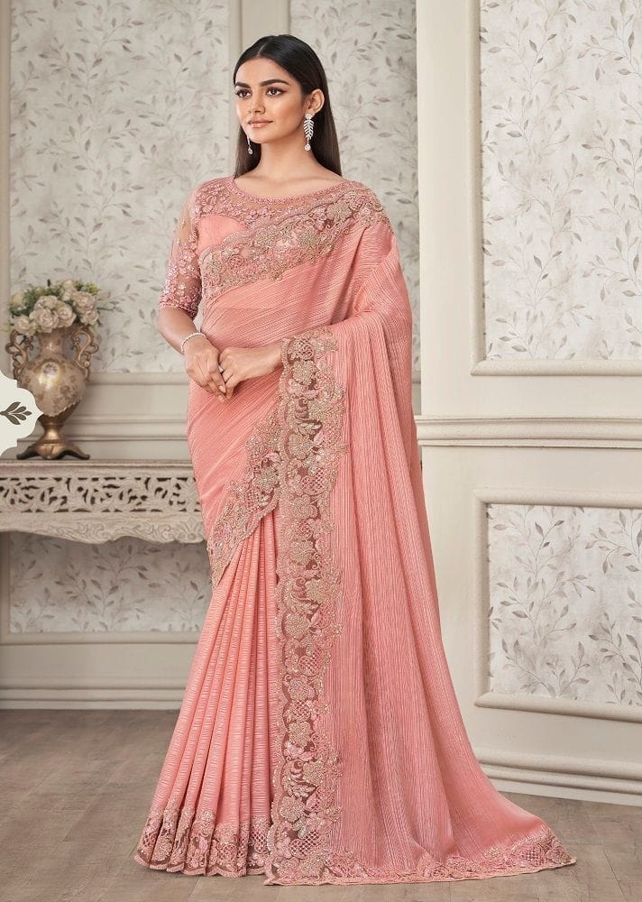 Embroidered Georgette Shimmer Saree in Peach