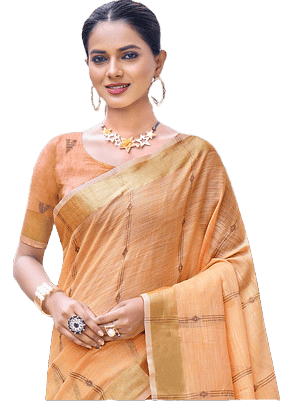 Light Orange Woven Cotton Blend Saree With Tassels