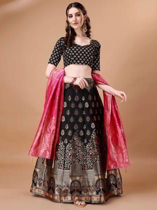 Black & Pink Semi-Stitched Lehenga & Unstitched Blouse With Dupatta