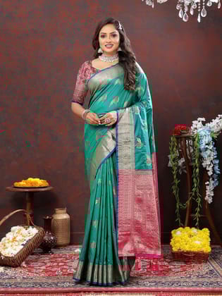Teal Soft Silk Woven Design Zari Weaving Saree