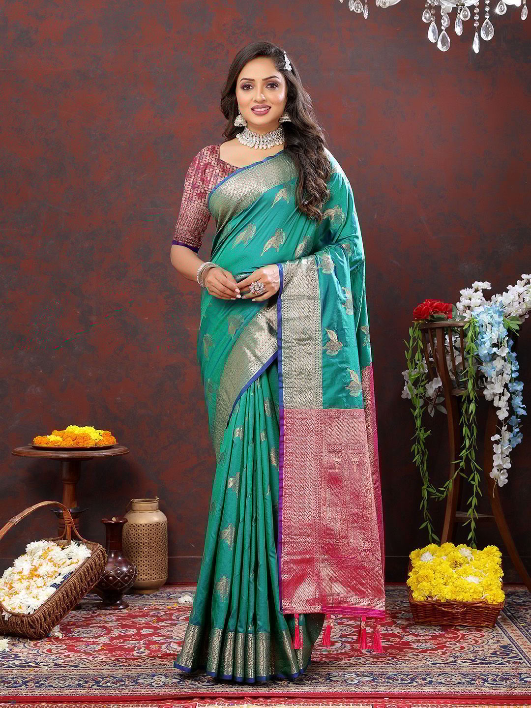 Teal Soft Silk Woven Design Zari Weaving Saree