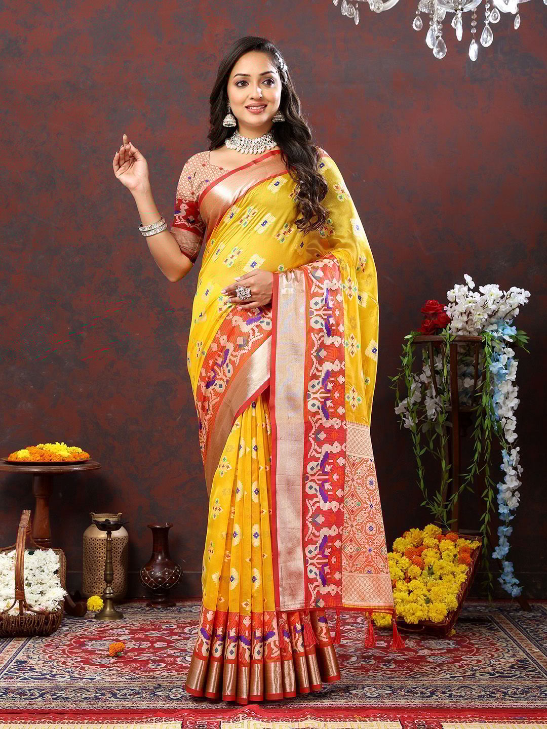 Yellow Organza Silk Woven Design with Meenakari Weaving Saree