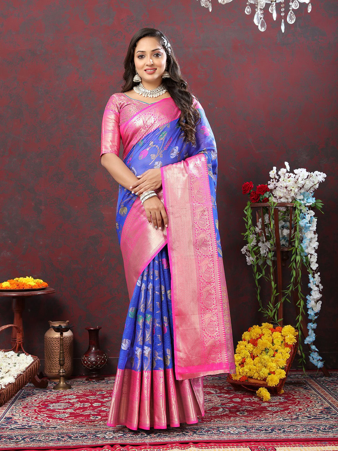 Blue Cotton Woven Design Zari Meenakari Weaving Saree