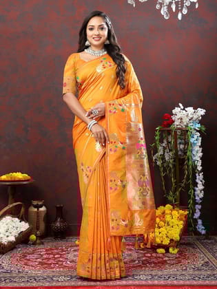 Orange Soft Paithani Silk Woven Design Gold Zari Meenakari Weaving Saree