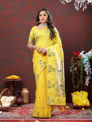 Yellow Soft Paithani Silk Woven Design Gold Zari Meenakari Weaving Saree