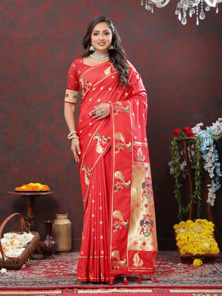 Red Soft Paithani Silk Woven Design Gold Zari Meenakari Weaving Saree