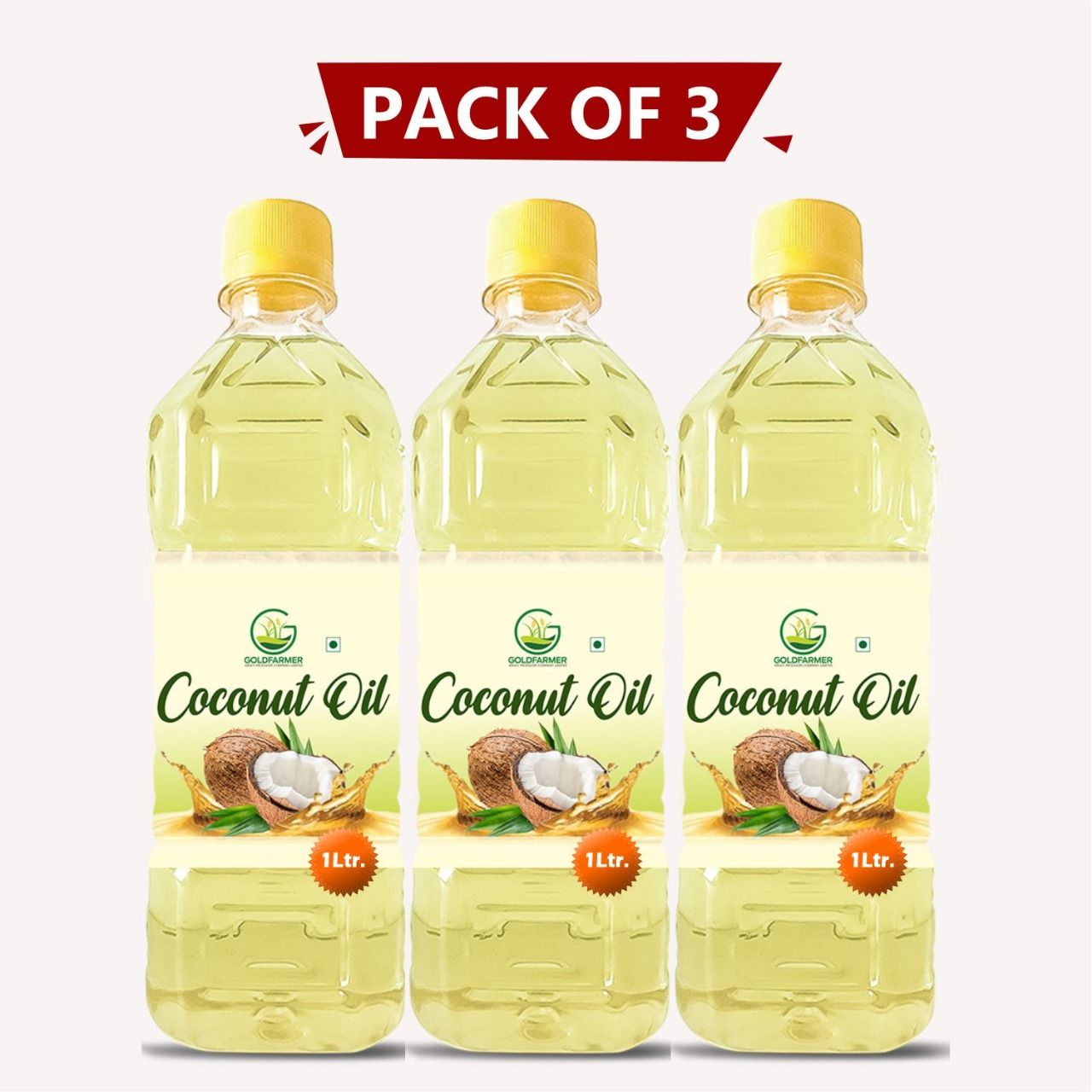 Coconut Oil Pack of 3 (3 x 1 Litre) – Pure, Cold-Pressed & Made by Farmers | Goldfarmer Krishi Producer. 