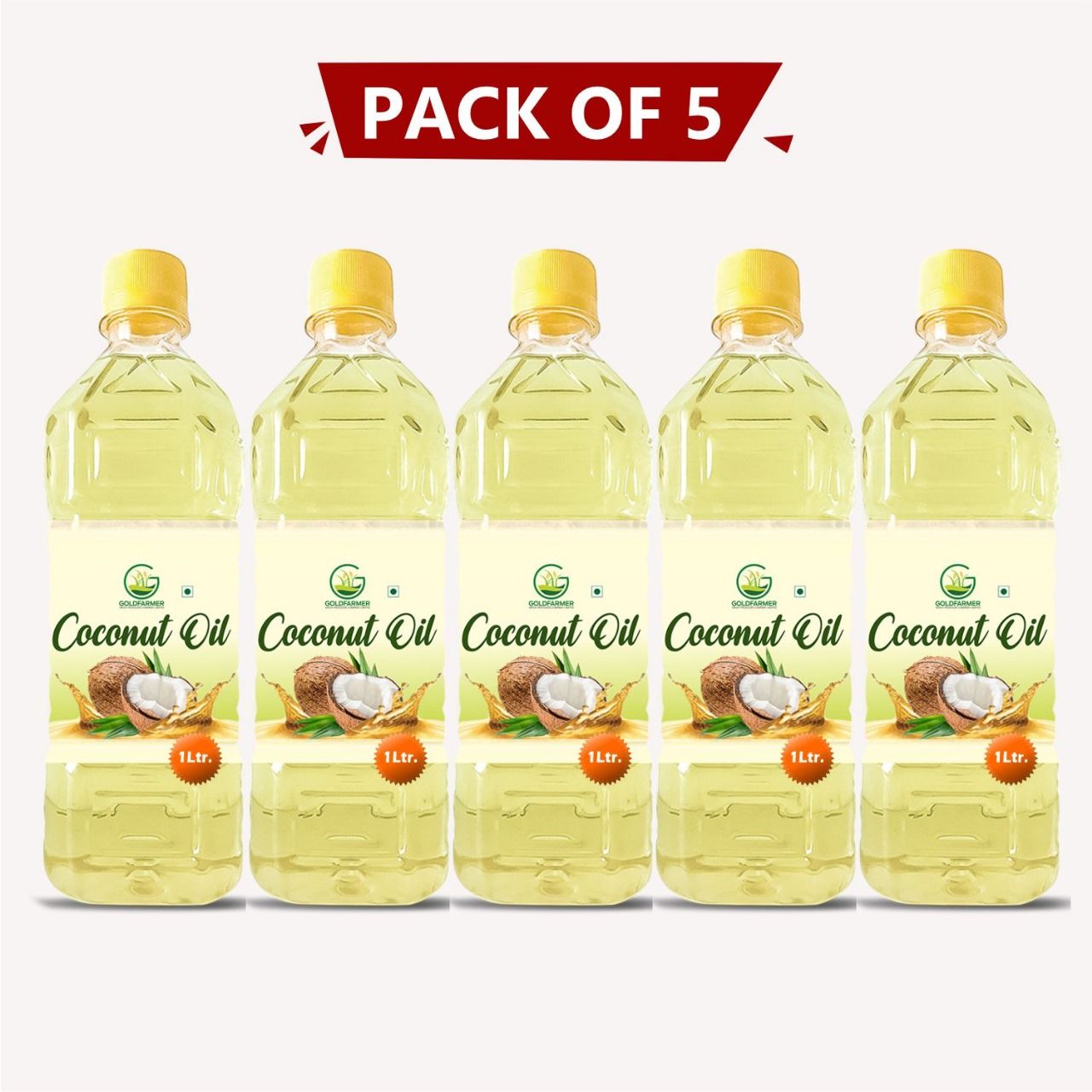 Coconut Oil 5 Litre (Pack of 5 x 1 ltr) – Natural, Cold-Pressed & Farmer-Made | Goldfarmer Krishi Producer. 