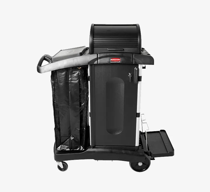 Rubbermaid Commercial Products, Executive Series Janitorial and Housekeeping Cleaning Cart with Locking Cabinet, Wheeled with Zippered Black Vinyl Bag, Black, 38" x 21.8" x 46"