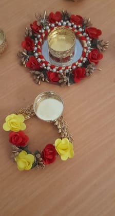 Artificial Rose Flower,Pearl with Beads TEALIGHTS with TEALIGHTS Holders Festive Decor(Set of 5pcs) (Green & RED)