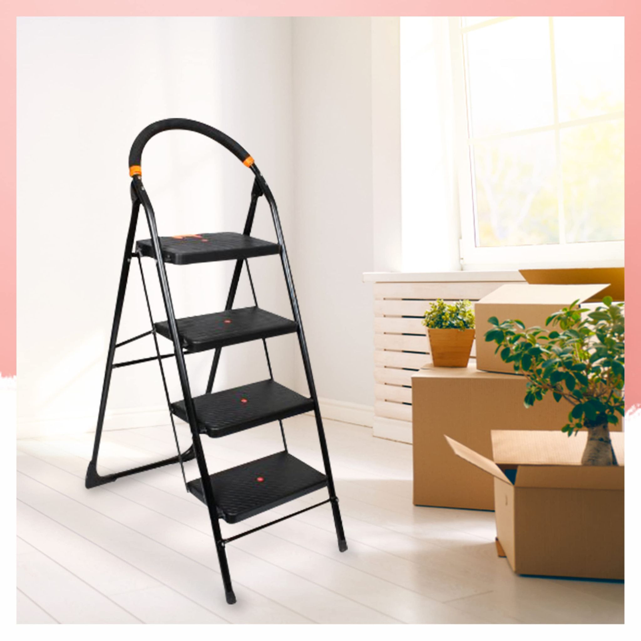  4-Step Steel Ladder with Handle, Lightweight and Portable Stepladder for Home, Office, and Garage